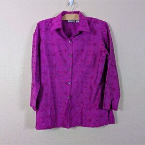 VTG 90s Chicos 100% Silk Magenta Pink Floral Embroidered Button-Down M Fairy
